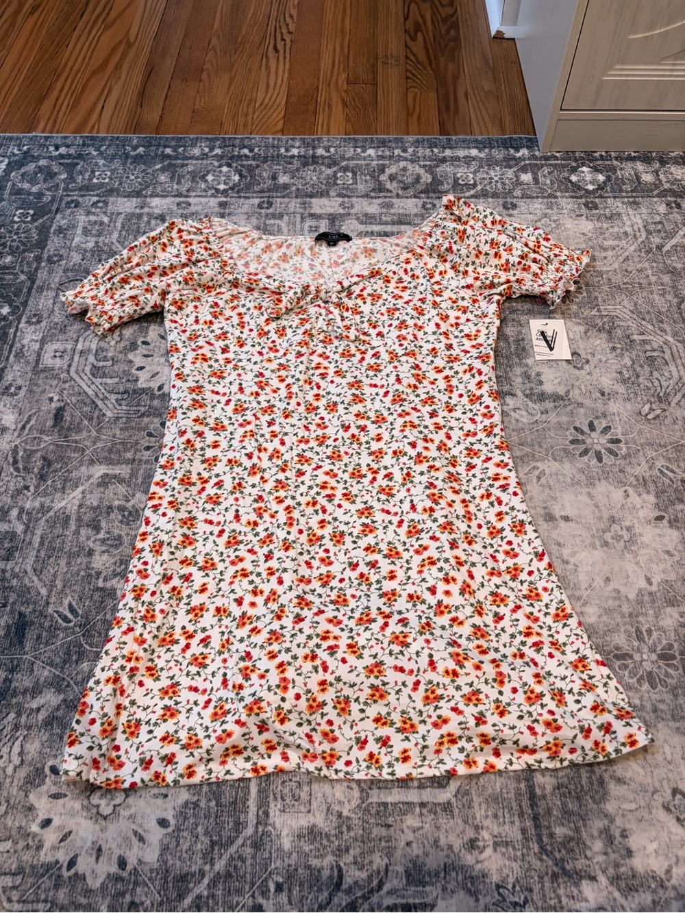 White Mini Dress with Orange & Green Floral Print